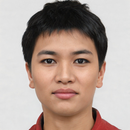 Joyful asian young-adult male with short  black hair and brown eyes