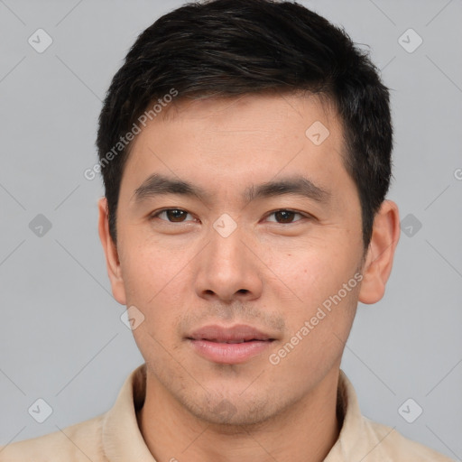 Neutral white young-adult male with short  brown hair and brown eyes