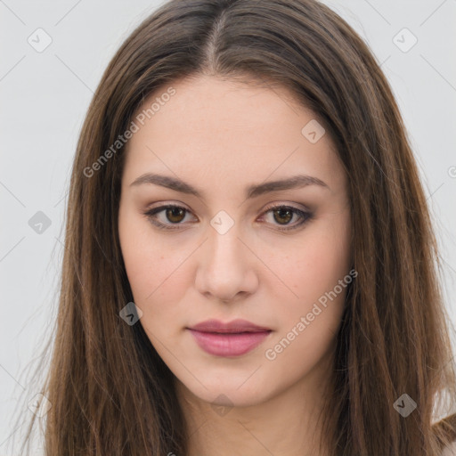 Neutral white young-adult female with long  brown hair and brown eyes