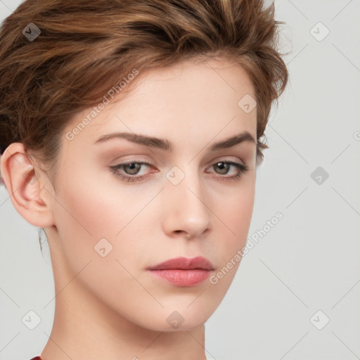 Neutral white young-adult female with short  brown hair and brown eyes