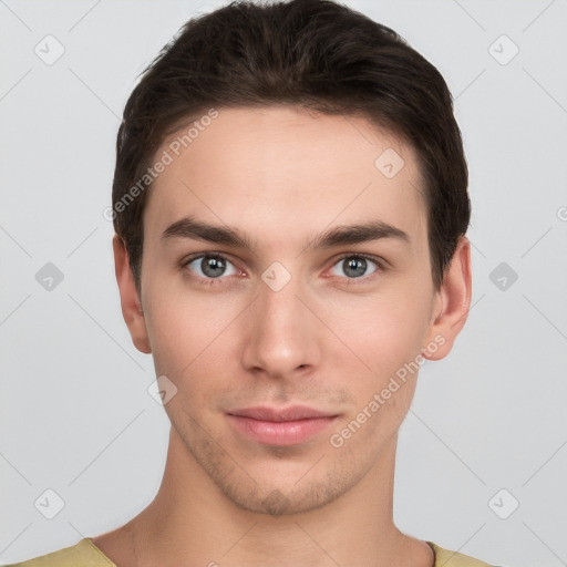 Neutral white young-adult male with short  brown hair and brown eyes