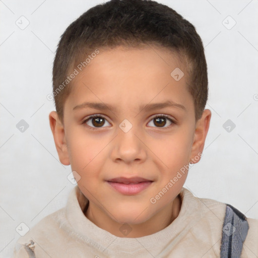 Joyful white child female with short  brown hair and brown eyes