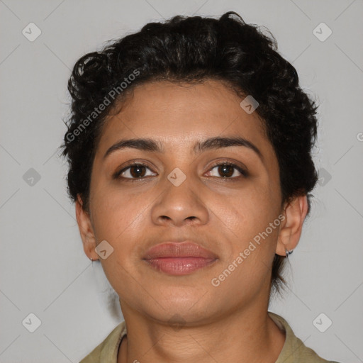 Joyful latino young-adult female with short  brown hair and brown eyes