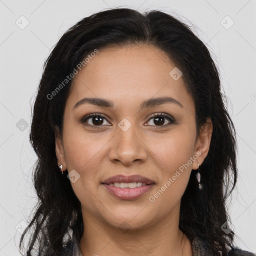 Joyful latino young-adult female with long  brown hair and brown eyes