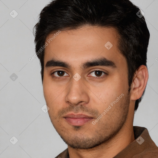 Neutral latino young-adult male with short  brown hair and brown eyes