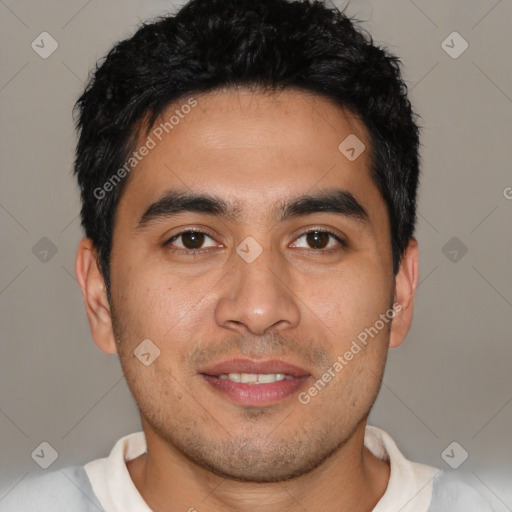 Joyful asian young-adult male with short  black hair and brown eyes