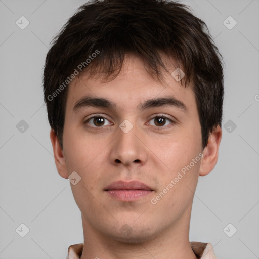 Neutral white young-adult male with short  brown hair and brown eyes