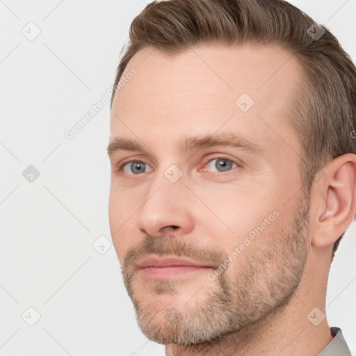 Neutral white young-adult male with short  brown hair and grey eyes