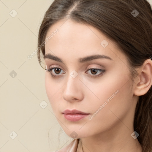 Neutral white young-adult female with long  brown hair and brown eyes