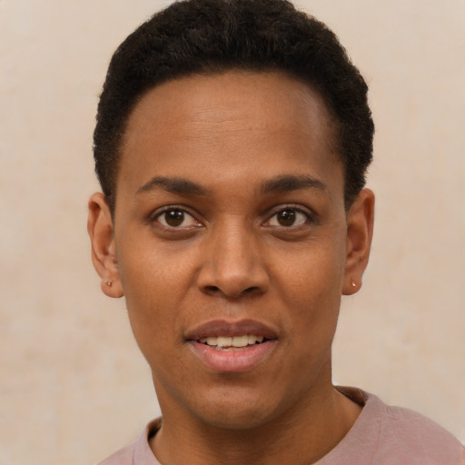 Joyful black young-adult male with short  black hair and brown eyes