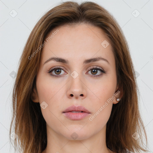 Neutral white young-adult female with long  brown hair and brown eyes