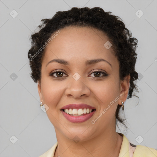 Joyful latino young-adult female with short  brown hair and brown eyes