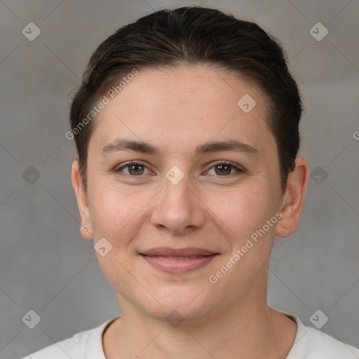 Joyful white young-adult female with short  brown hair and brown eyes