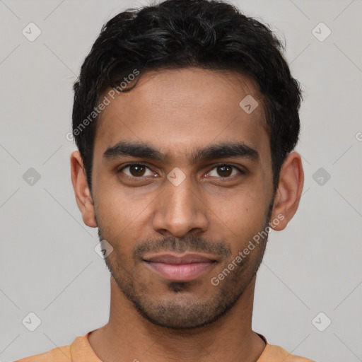 Neutral latino young-adult male with short  black hair and brown eyes