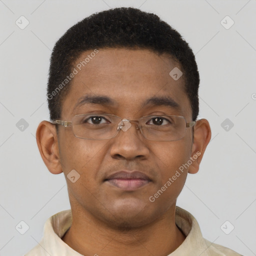 Neutral black young-adult male with short  brown hair and brown eyes
