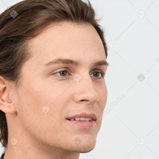 Neutral white young-adult male with short  brown hair and grey eyes