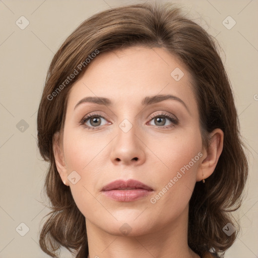 Neutral white young-adult female with medium  brown hair and brown eyes