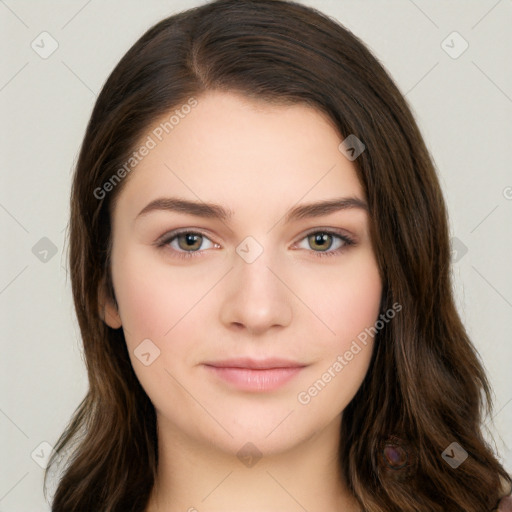 Neutral white young-adult female with long  brown hair and brown eyes