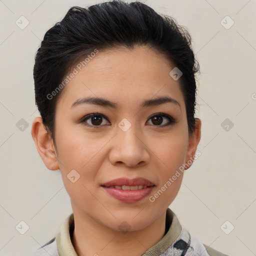 Joyful asian young-adult female with short  brown hair and brown eyes