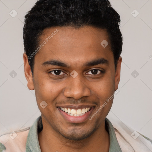Joyful black young-adult male with short  brown hair and brown eyes