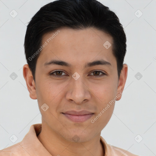 Joyful latino young-adult male with short  brown hair and brown eyes