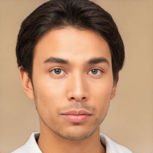 Neutral asian young-adult male with short  brown hair and brown eyes