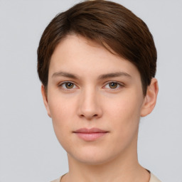 Neutral white young-adult female with short  brown hair and brown eyes