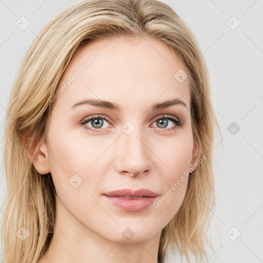 Joyful white young-adult female with long  brown hair and blue eyes