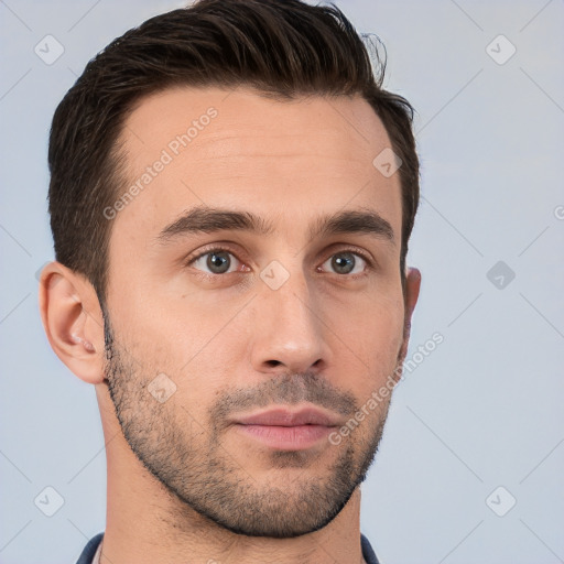 Neutral white young-adult male with short  brown hair and brown eyes