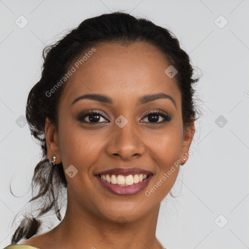 Joyful latino young-adult female with long  brown hair and brown eyes