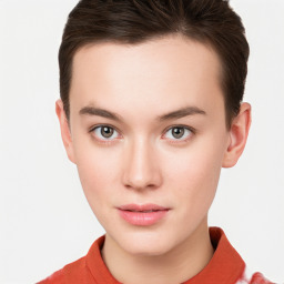 Neutral white young-adult female with short  brown hair and brown eyes