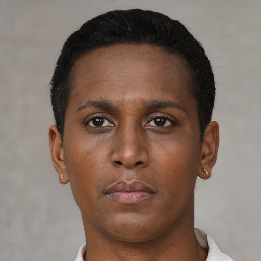 Neutral black young-adult female with short  brown hair and brown eyes