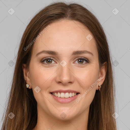 Joyful white young-adult female with long  brown hair and grey eyes