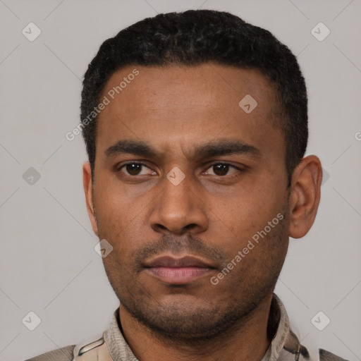 Neutral latino young-adult male with short  black hair and brown eyes