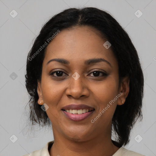 Joyful black young-adult female with medium  black hair and brown eyes