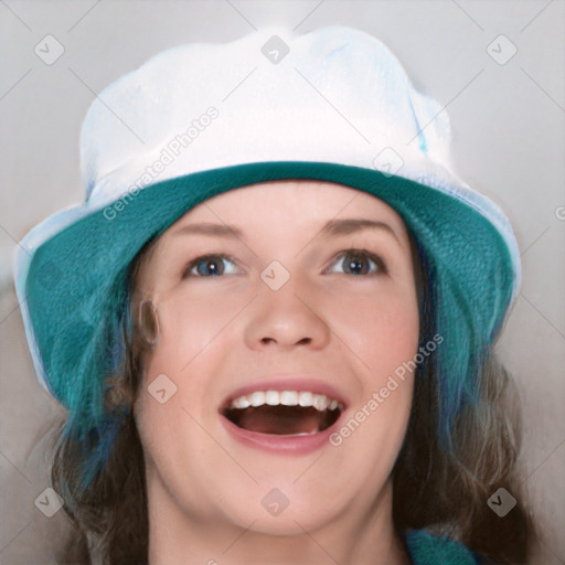 Joyful white young-adult female with medium  brown hair and blue eyes