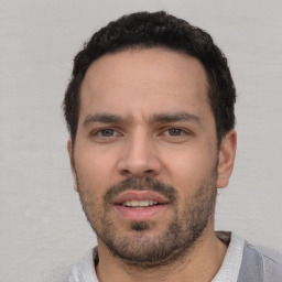 Neutral white young-adult male with short  black hair and brown eyes