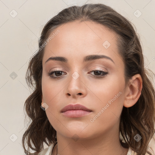 Neutral white young-adult female with medium  brown hair and brown eyes