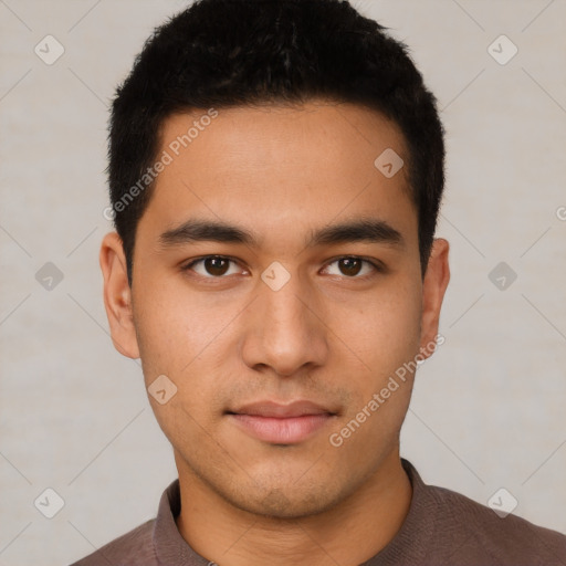 Neutral latino young-adult male with short  black hair and brown eyes