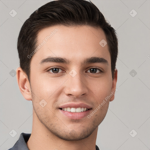 Joyful white young-adult male with short  brown hair and brown eyes