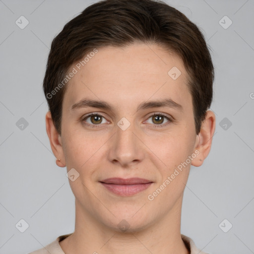 Joyful white young-adult female with short  brown hair and brown eyes