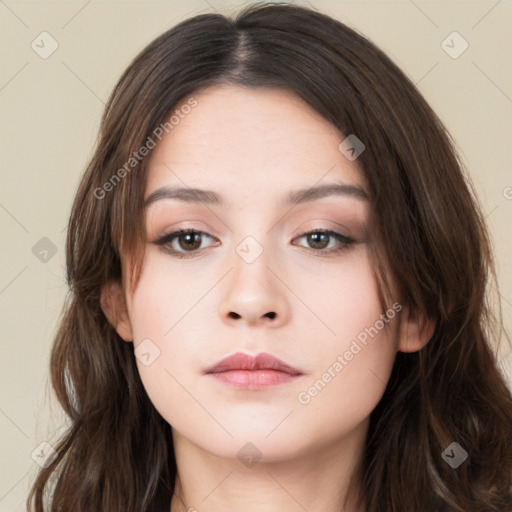 Neutral white young-adult female with long  brown hair and brown eyes