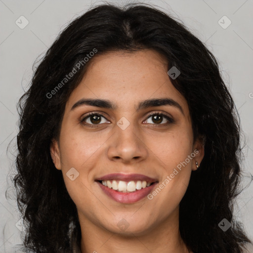 Joyful latino young-adult female with long  brown hair and brown eyes