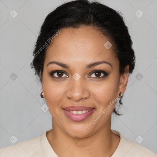 Joyful latino young-adult female with short  brown hair and brown eyes