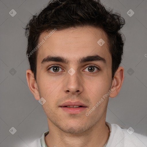 Neutral white young-adult male with short  brown hair and brown eyes