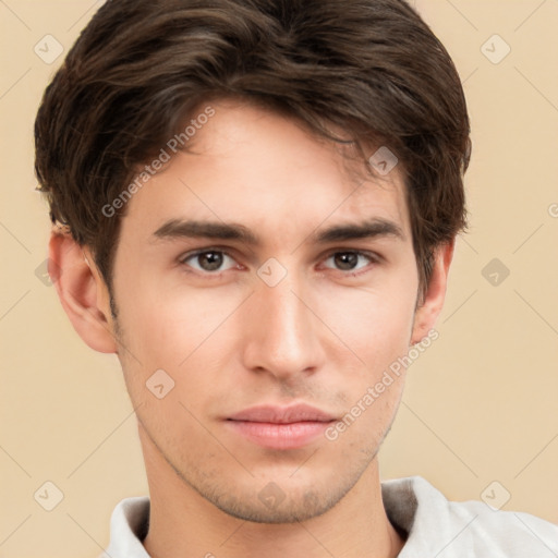 Neutral white young-adult male with short  brown hair and brown eyes