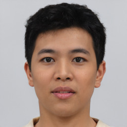 Neutral asian young-adult male with short  black hair and brown eyes