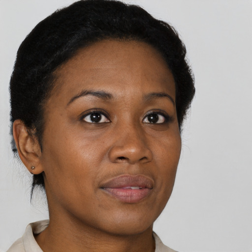 Joyful black young-adult female with short  brown hair and brown eyes