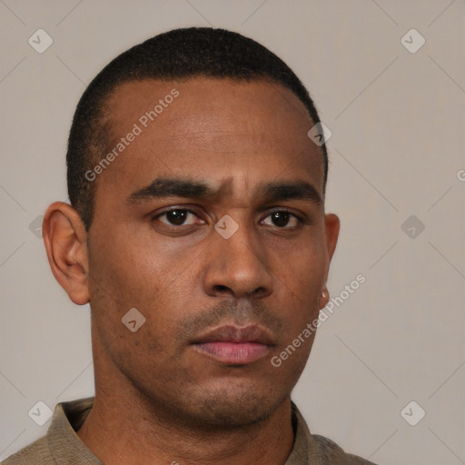 Neutral latino young-adult male with short  brown hair and brown eyes