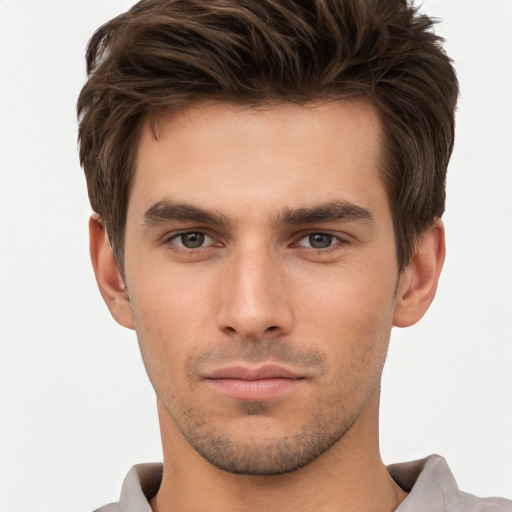 Neutral white young-adult male with short  brown hair and brown eyes